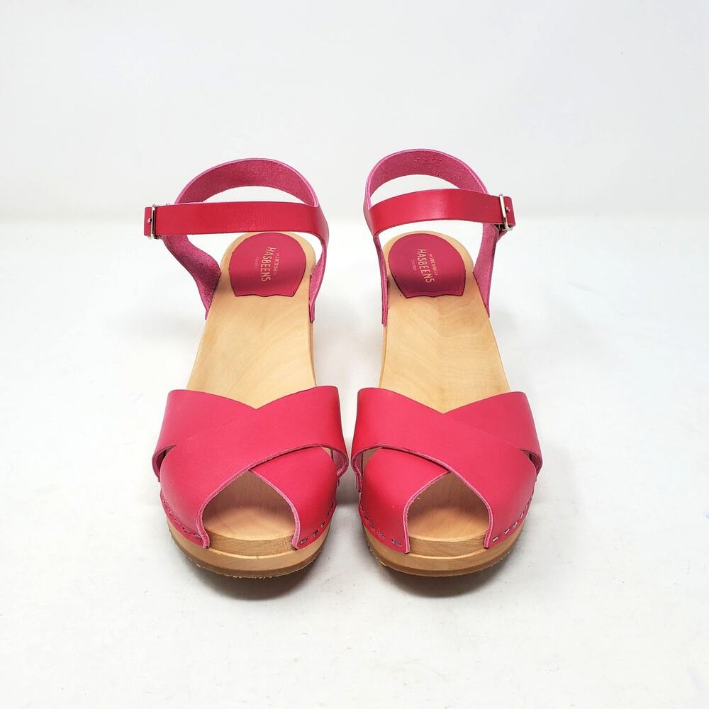 Swedish Hasbeens Mirja Heeled Clog Sandals Strappy Peep Toe Cherry Pink 41 US 11 - Picture 6 of 9
